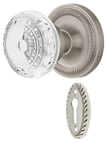 Rope Rosette Mortise-Lock Set with Meadows Crystal-Glass Knobs in Satin Nickel.